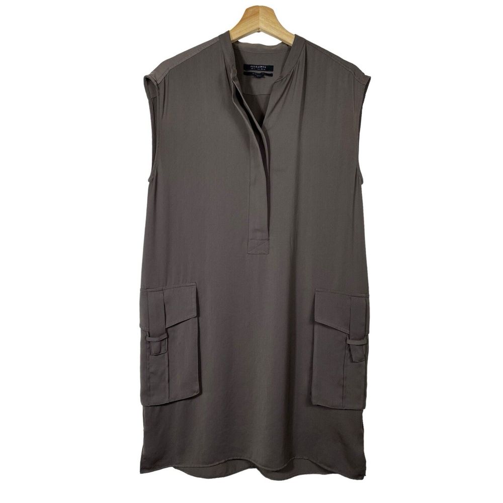 Allsaints Shirt Dress Sz 6 Gray Safari Pocket Sleeveless Japanese Cloth Utility
